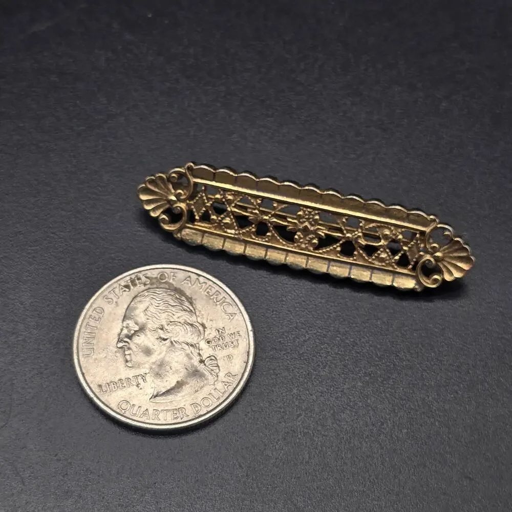 Gold Tone Filigree Bar Brooch Vintage Costume Jewelry